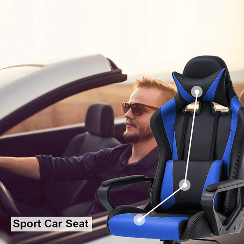 Blauer ergonomischer Gaming-Stuhl mit hoher Rückenlehne und Lordosenstütze
