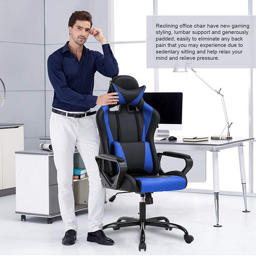 Blauer ergonomischer Gaming-Stuhl mit hoher Rückenlehne und Lordosenstütze