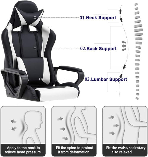 Ergonomischer Gaming-Stuhl Weiß mit Lordosenstütze Hohe Rückenlehne