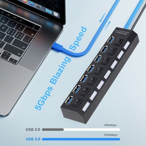 7-Port-USB-2.0-/3.0-Hub-Splitter-Adapter High-Speed für PC Laptop Mac