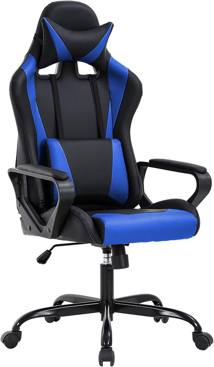 Blauer ergonomischer Gaming-Stuhl mit hoher Rückenlehne und Lordosenstütze
