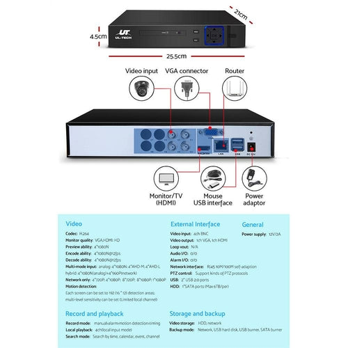 UL-TECH 1080P Überwachungskamerasystem 4-Kanal-DVR mit 4 CCTV-Dome-Kameras