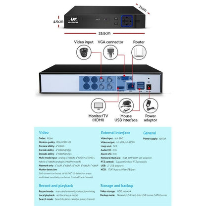 UL-TECH 1080P Überwachungskamerasystem 4-Kanal-DVR mit 4 CCTV-Dome-Kameras