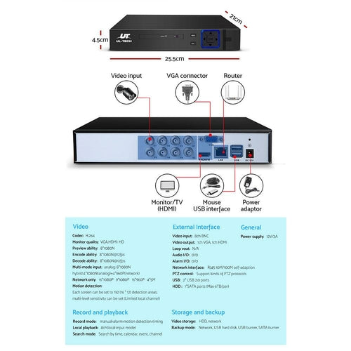 UL-TECH 1080P Security Camera System 8CH DVR with 8 CCTV Bullet