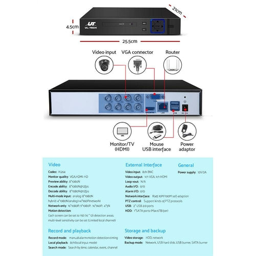UL-TECH 1080P Überwachungskamerasystem 8CH DVR mit 8 CCTV Dome-Kameras