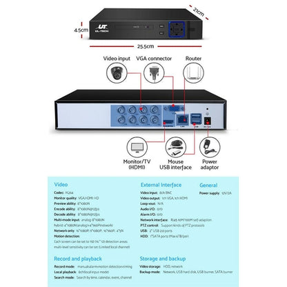 UL-TECH 1080P Überwachungskamerasystem 8CH DVR mit 8 CCTV Dome-Kameras