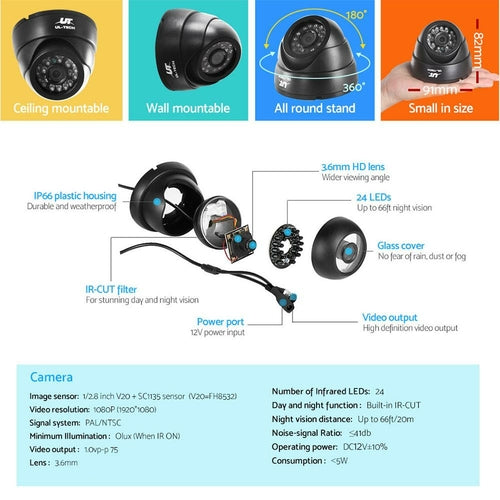 UL-TECH 1080P Überwachungskamerasystem 8CH DVR mit 8 CCTV Dome-Kameras