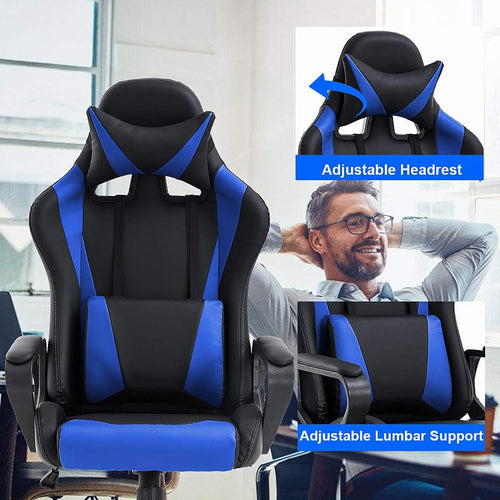 Blauer ergonomischer Gaming-Stuhl mit hoher Rückenlehne und Lordosenstütze