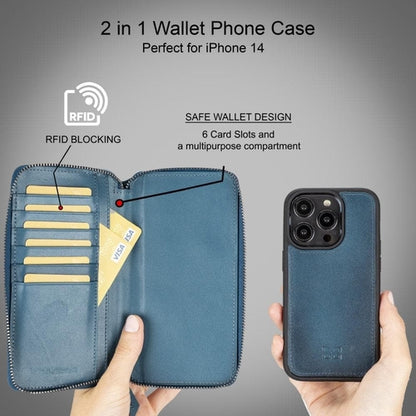 Apple iPhone 14 Serie Abnehmbare und Reißverschluss-Leder-Brieftaschenhülle - PMW