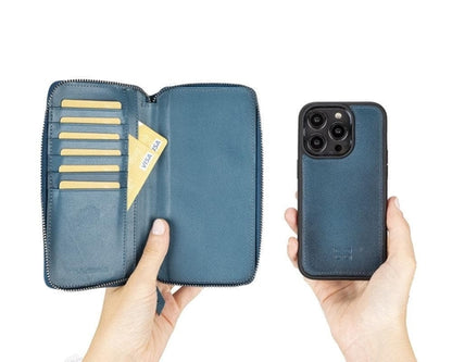 Apple iPhone 14 Serie Abnehmbare und Reißverschluss-Leder-Brieftaschenhülle - PMW