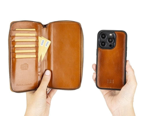 Apple iPhone 14 Serie Abnehmbare und Reißverschluss-Leder-Brieftaschenhülle - PMW