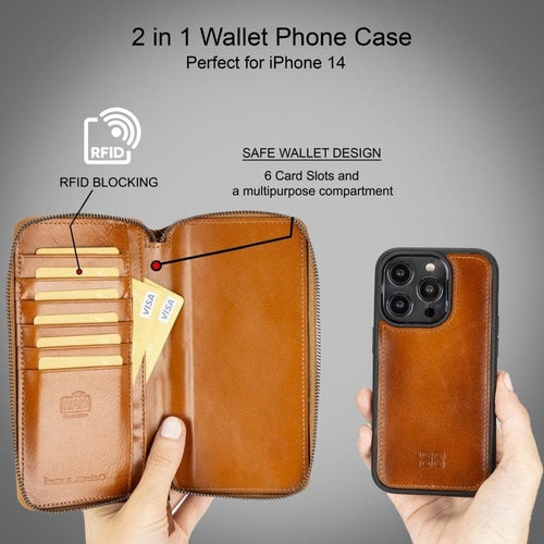 Apple iPhone 14 Serie Abnehmbare und Reißverschluss-Leder-Brieftaschenhülle - PMW