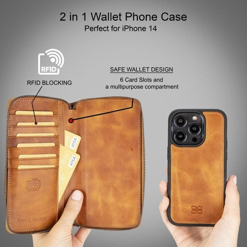 Apple iPhone 14 Serie Abnehmbare und Reißverschluss-Leder-Brieftaschenhülle - PMW