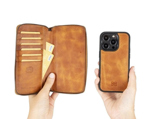 Apple iPhone 14 Serie Abnehmbare und Reißverschluss-Leder-Brieftaschenhülle - PMW