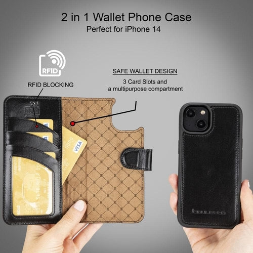 Apple iPhone 14 Serie Abnehmbare Leder Brieftasche Hülle Dunklere Farbe -