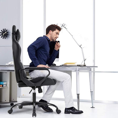 Blauer ergonomischer Gaming-Stuhl mit hoher Rückenlehne und Lordosenstütze